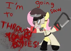 Size: 1385x1007 | Tagged: artist:trolllightsparkle, blood, bonesaw, clothes, derpibooru import, dialogue, fluttermedic, fluttershy, grimdark, hat, mask, medic, saw, simple background, solo, suit, team fortress 2