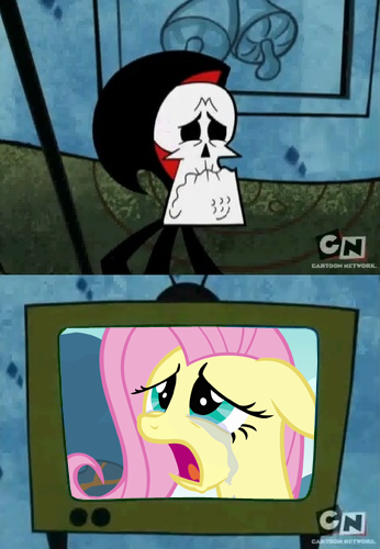 Size: 346x500 | Tagged: cartoon network, derpibooru import, exploitable meme, fluttercry, fluttershy, grim, meme, obligatory pony, safe, the grim adventures of billy and mandy, tv meme