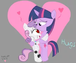 Size: 1299x1078 | Tagged: safe, artist:trolllightsparkle, derpibooru import, sweetie belle, twilight sparkle, pony, robot, unicorn, friendship is witchcraft, bipedal, cutie mark, female, filly, foal, heart, hooves, horn, hug, love, open mouth, smiling, solo, sweetie bot, text, twibelle