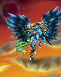 Size: 2752x3416 | Tagged: dead source, safe, derpibooru import, rainbow dash, pegasus, pony, cloud, female, flying, mare, signature, solo, spread wings, wings