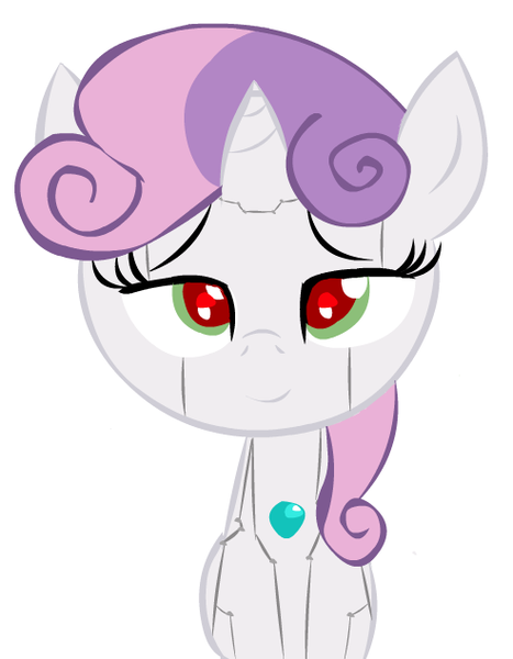 Size: 493x634 | Tagged: safe, artist:trolllightsparkle, derpibooru import, sweetie belle, pony, robot, robot pony, unicorn, bedroom eyes, female, filly, foal, horn, looking at you, red eyes, simple background, smiling, solo, sweetie bot, white background