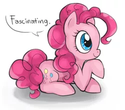 Size: 590x520 | Tagged: safe, artist:milk4ppl, derpibooru import, pinkie pie, earth pony, pony, cute, dialogue, diapinkes, fascinating, female, mare, one word, profile, prone, reaction image, simple background, solo, speech bubble, white background