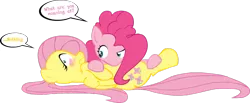 Size: 1280x525 | Tagged: artist:mrponiator, awkward, awkward moment, blushing, derpibooru import, dialogue, female, flutterpie, fluttershy, funny, funny as hell, lesbian, my sides, on back, pinkie pie, raspberry, shipping, simple background, speech bubble, suggestive, tickling, transparent background, tummy buzz