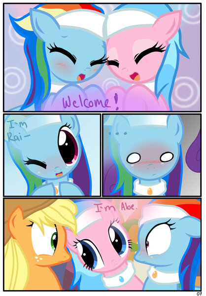 Size: 1741x2500 | Tagged: safe, artist:pyruvate, derpibooru import, aloe, applejack, rainbow dash, earth pony, pegasus, pony, comic:the usual, awkward, blushing, comic, cute, embarrassed, eye contact, eyes closed, eyeshadow, female, floppy ears, frown, looking at each other, makeup, mare, one eye closed, open mouth, smiling, spa pony rainbow dash, surprised, wide eyes, wink