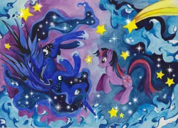 Size: 3501x2532 | Tagged: safe, artist:artist-apprentice587, derpibooru import, princess luna, twilight sparkle, duo, stars, traditional art