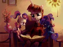 Size: 3448x2586 | Tagged: alicorn, artist:holivi, book, derpibooru import, filly, lauren faust, oc, oc:fausticorn, princess celestia, princess luna, safe