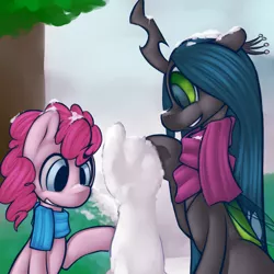 Size: 1500x1500 | Tagged: safe, artist:florecentmoo, derpibooru import, pinkie pie, queen chrysalis, changeling, changeling queen, earth pony, chryssie pie, clothes, female, image, insect wings, lesbian, png, scarf, shipping, snow, snowpony, transparent wings, wings