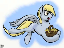 Size: 2600x1950 | Tagged: safe, artist:beechsprout, derpibooru import, derpy hooves, pegasus, pony, basket, female, mare, muffin