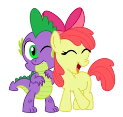 Size: 850x807 | Tagged: safe, artist:aleximusprime, derpibooru import, apple bloom, spike, dragon, earth pony, pony, adorabloom, bow, cute, daaaaaaaaaaaw, eyes closed, female, filly, happy, interspecies, male, one eye closed, open mouth, shipping, simple background, smiling, spikebloom, straight, transparent background, vector