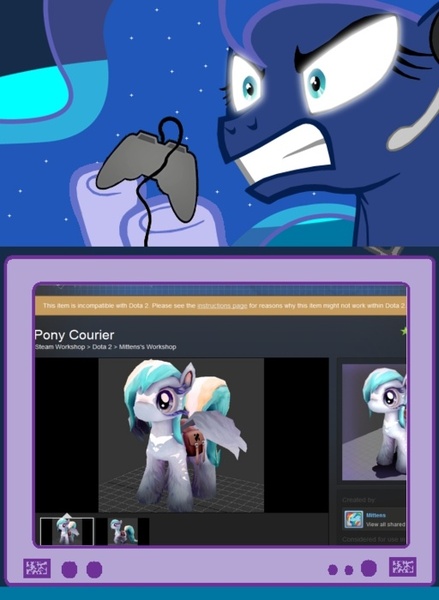 Size: 512x700 | Tagged: safe, derpibooru import, princess luna, pony, gamer luna, dota 2, exploitable meme, gamer meme, meme, obligatory pony, pony courier, tv meme