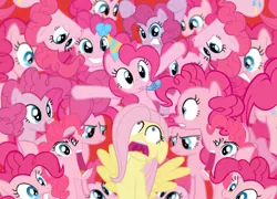 Size: 385x277 | Tagged: clone, derpibooru import, fluttershy, fun fun fun, multeity, one of these things is not like the others, pinkie clone, pinkie pie, safe, scared, season 3, so much pony, too many pinkie pies, too much pink energy is dangerous