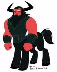 Size: 528x668 | Tagged: safe, artist:cupidite, artist:peachiekeenie, artist:tarajenkins, banned from derpibooru, deleted from derpibooru, derpibooru import, lord tirek, centaur, taur, antagonist, armor, claws, evil, fangs, g1, g1 to g4, generation leap, hilarious in hindsight, horns, image, jpeg, looking at you, ponytaur, redesign, shackles, signature, solo, tirac, yellow eyes