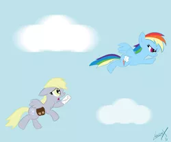 Size: 3000x2500 | Tagged: safe, artist:loomx, derpibooru import, derpy hooves, rainbow dash, pegasus, pony, female, mail, mare, sad