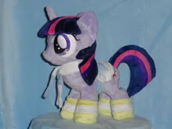 Size: 640x480 | Tagged: artist:whitedove-creations, clothes, derpibooru import, filly, irl, photo, plushie, saddle, safe, scarf, socks, solo, striped socks, twilight sparkle, winter wrap up