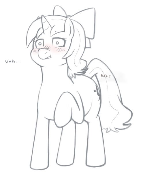 Size: 709x857 | Tagged: safe, artist:redintravenous, derpibooru import, oc, oc:red ribbon, unofficial characters only, pony, unicorn, bow, fart, fart noise, hair bow, horn, lineart, monochrome, raised hoof, solo, unicorn oc