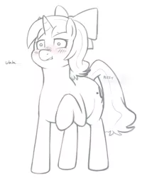 Size: 709x857 | Tagged: safe, artist:redintravenous, derpibooru import, oc, oc:red ribbon, unofficial characters only, pony, unicorn, bow, fart, fart noise, hair bow, horn, lineart, monochrome, raised hoof, solo, unicorn oc