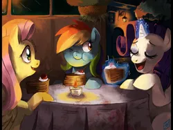 Size: 2000x1500 | Tagged: safe, artist:cuteskitty, derpibooru import, fluttershy, rainbow dash, rarity, cake, candle, dinner, food, night, table