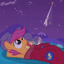 Size: 2500x2500 | Tagged: apple bloom, artist:slitherpon, cutie mark crusaders, derpibooru import, night, safe, scootaloo, sky, sleeping, sleeping bag, sweetie belle