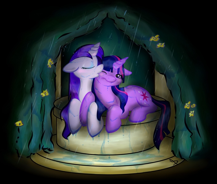 Size: 5028x4265 | Tagged: absurd resolution, artist:littletiger488, blushing, derpibooru import, female, kissing, lesbian, rain, rarilight, rarity, safe, shipping, twilight sparkle, wat