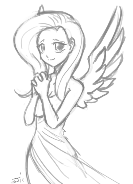 Size: 700x968 | Tagged: artist:johnjoseco, cleavage, clothes, derpibooru import, dress, female, fluttershy, grayscale, human, humanized, monochrome, safe, side slit, source needed, winged humanization