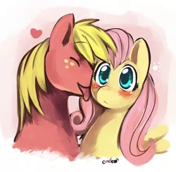 Size: 750x732 | Tagged: safe, artist:ende26, derpibooru import, big macintosh, fluttershy, earth pony, pony, blushing, fluttermac, licking, male, shipping, stallion, straight