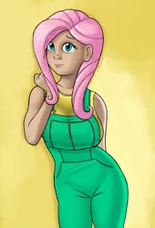 Size: 762x1119 | Tagged: artist:svenovic, breasts, busty fluttershy, derpibooru import, female, fluttershy, humanized, overalls, safe, solo, tan