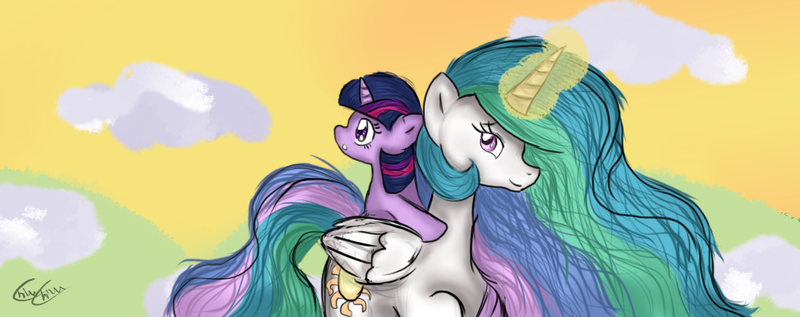 Size: 1056x418 | Tagged: safe, artist:chiuuchiuu, derpibooru import, princess celestia, twilight sparkle, filly, magic