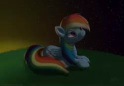 Size: 2000x1385 | Tagged: safe, artist:skipsy, derpibooru import, rainbow dash, pegasus, pony, female, grass, looking up, lying down, mare, night, night sky, sky, solo, starry night, sunset