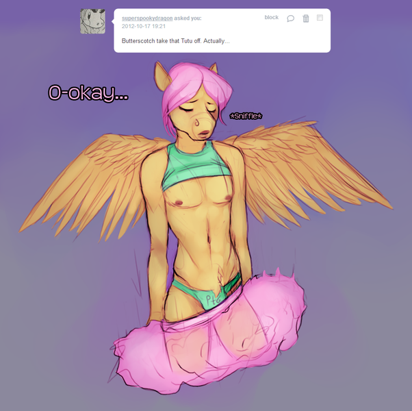 Size: 923x920 | Tagged: anthro, artist:ptg, butterscotch, clothes, crossdressing, crotch bulge, derpibooru import, fluttershy, male, questionable, rule 63, solo, solo male, tutu
