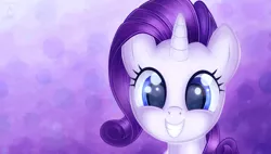 Size: 1280x728 | Tagged: dead source, safe, artist:hatecreation, derpibooru import, rarity, pony, unicorn, abstract background, bust, cute, female, grin, happy, looking at you, mare, portrait, smiling, solo