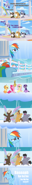 Size: 489x2796 | Tagged: applejack, butterfly wings, comic, derpibooru import, dumbbell, edit, fluttershy, glimmer wings, hoops, laughing, pinkie pie, quarterback, rainbow dash, rarity, safe, score, screencap, sonic rainboom (episode), twilight sparkle, wings