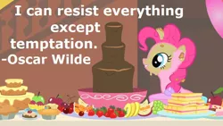 Size: 800x450 | Tagged: a bird in the hoof, apple, cake, cherry, chocolate, chocolate fountain, derpibooru import, edit, edited screencap, food, grapes, messy, orange, pie, pineapple, pinkie pie, quote, safe, screencap, solo, strawberry, text