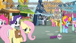 Size: 800x450 | Tagged: alice walker, artist:wisdomhoof, cherry berry, derpibooru import, fluttershy, hub logo, image macro, lucky clover, meme, pinkie pie, putting your hoof down, quote, rarity, safe, screencap, surf, text, turf