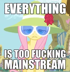 Size: 589x609 | Tagged: derpibooru import, dialogue, edit, edited screencap, female, fluttershy, green isn't your color, hat, hipster, hipstershy, image macro, safe, screencap, solo, vulgar