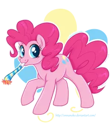 Size: 700x800 | Tagged: safe, artist:onnanoko, derpibooru import, pinkie pie, earth pony, pony, cute, cutie mark background, diapinkes, female, mare, noisemaker, party horn, simple background, solo, transparent background