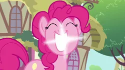 Size: 640x360 | Tagged: safe, derpibooru import, screencap, pinkie pie, a friend in deed, bright, cleanest teeth in equestria, eyes closed, smiling, solo, teeth