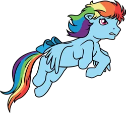 Size: 1017x919 | Tagged: dead source, safe, artist:alisonwonderland1951, derpibooru import, rainbow dash, pegasus, pony, bow, female, flying, g1, g4, g4 to g1, generation leap, mare, simple background, tail bow, transparent background