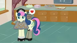 Size: 4859x2733 | Tagged: safe, artist:minimoose772, derpibooru import, bon bon, sweetie drops, earth pony, pony, bon bon's baking cookies girls, clothes, cookie, female, fishnets, heart, maid, mare, mouth hold, pictogram, solo