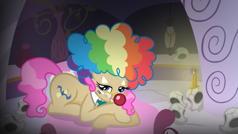 Size: 4859x2733 | Tagged: artist:minimoose772, bedroom eyes, clown, derpibooru import, mayor mare, skull, suggestive