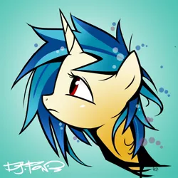 Size: 1440x1440 | Tagged: safe, artist:yikomega, derpibooru import, vinyl scratch, pony, unicorn, bubble, bust, cd cover, female, frown, gradient background, looking up, mare, messy mane, missing accessory, no glasses, photoshop, portrait, red eyes, sad, solo, wrong eye color, yellow