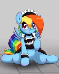 Size: 2000x2500 | Tagged: dead source, suggestive, artist:grumblepluck, derpibooru import, rainbow dash, pegasus, pony, belly button, blushing, clothes, female, maid, mare, skirt, skirt lift, solo, solo female, underskirt