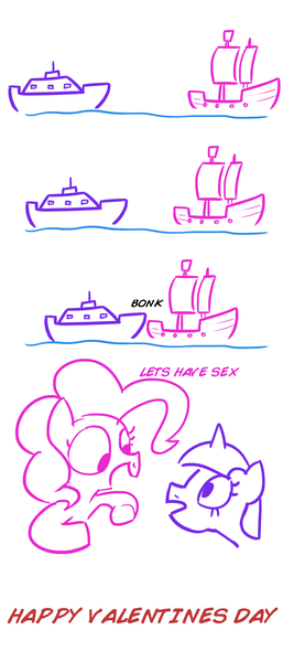 Size: 720x1684 | Tagged: suggestive, artist:shoutingisfun, derpibooru import, pinkie pie, twilight sparkle, boat, bonk, boop, comic, female, lesbian, literal shipping, pun, shipping, twinkie, valentine, valentine's day