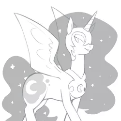 Size: 1000x1000 | Tagged: safe, artist:redintravenous, derpibooru import, nightmare moon, alicorn, pony, ethereal mane, female, grayscale, helmet, lidded eyes, looking at you, mare, monochrome, open mouth, peytral, simple background, solo, spread wings, white background, wings