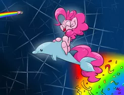 Size: 1300x1000 | Tagged: safe, artist:lemon-heartss, derpibooru import, pinkie pie, dolphin, earth pony, pony, abstract background, eyes closed, happy, nyan cat, rainbow, riding, smiling, surreal