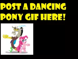 Size: 589x446 | Tagged: safe, derpibooru import, discord, pinkie pie, dancing, discopie, female, male, meme, shipping, straight, yellow words