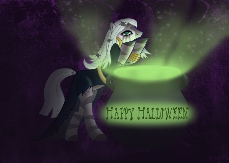 Size: 1400x1000 | Tagged: artist:peichenphilip, costume, derpibooru import, halloween, nightmare night, safe, zebra, zecora