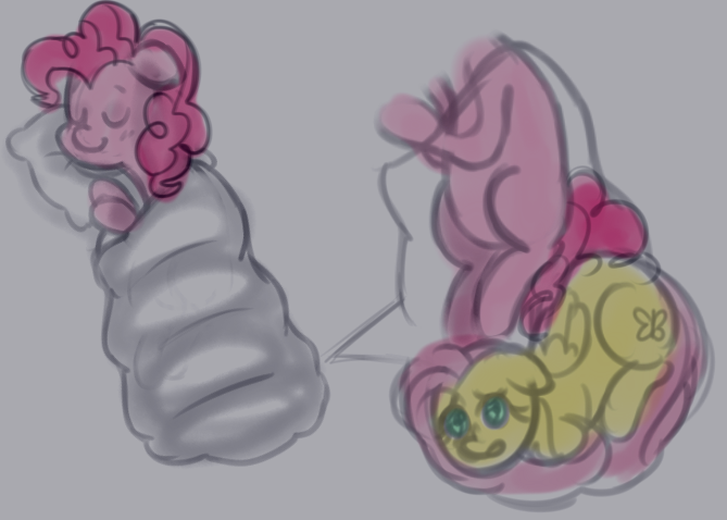 Size: 669x478 | Tagged: derpibooru import, fluttershy, pinkie pie, safe, sleeping, sleeping bag, stuck