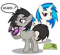 Size: 6731x6196 | Tagged: safe, artist:austiniousi, derpibooru import, octavia melody, vinyl scratch, earth pony, pony, unicorn, absurd resolution, accessory swap, alternate hairstyle, book, bowtie, comic, cutie mark, female, glasses, hooves, horn, mare, open mouth, simple background, smiling, sunglasses, teeth, text, transparent background, vector, wub