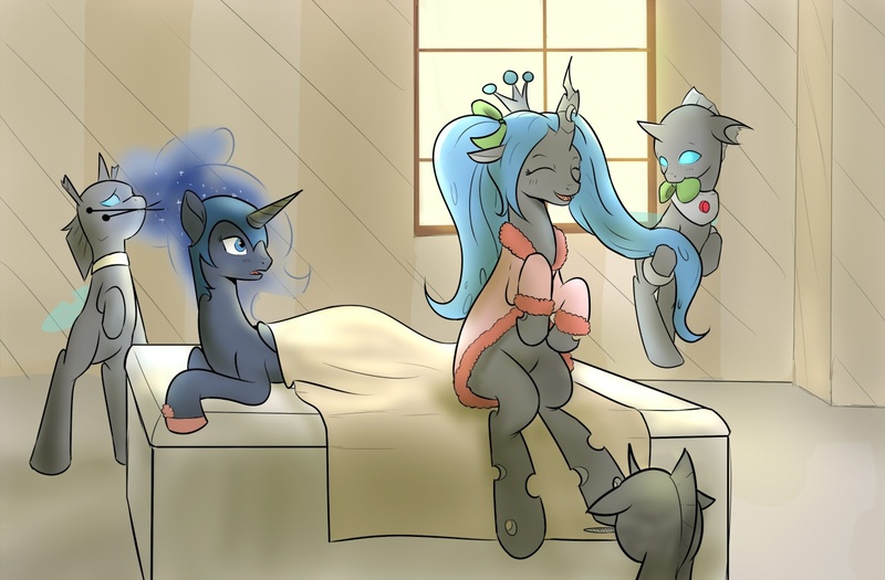 Size: 1250x820 | Tagged: alternate hairstyle, antagonist, artist:jalm, bathrobe, bed, changeling, clothes, cute, cutealis, derpibooru import, grooming, nightmare moon, observer, pigtails, queen chrysalis, robe, safe, spa, surprised, twintails