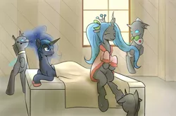 Size: 1250x820 | Tagged: alternate hairstyle, antagonist, artist:jalm, bathrobe, bed, changeling, clothes, cute, cutealis, derpibooru import, grooming, nightmare moon, observer, pigtails, queen chrysalis, robe, safe, spa, surprised, twintails